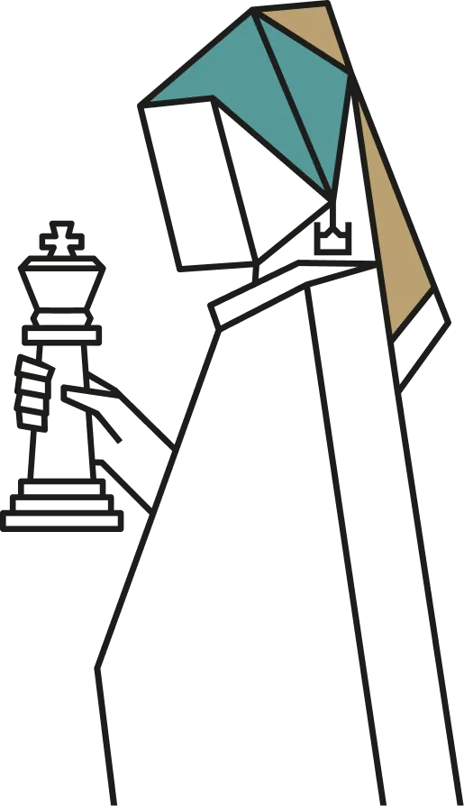 Illustration of a chess player holding a king — contact Maat advertising agency
